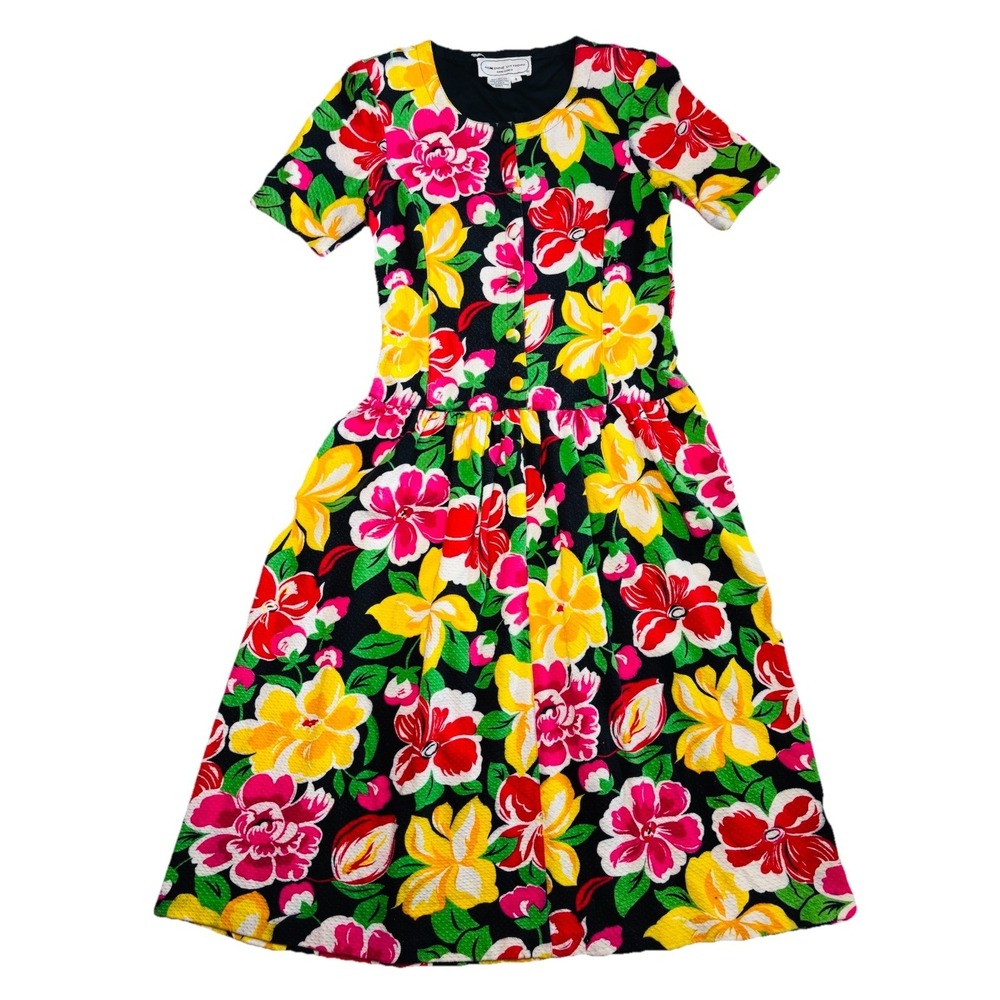 Vintage Adrienne Vittadini Floral Dress Size 8 Cotton Short Sleeve Button Front